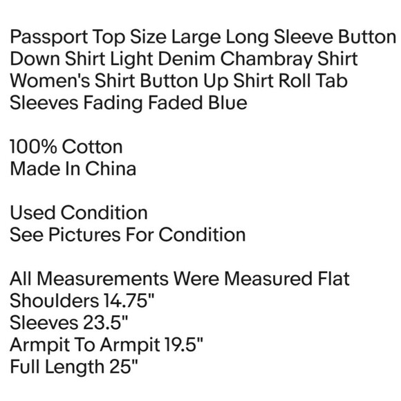 Passport Top Size Large Long Sleeve Button Down Shirt Light Denim Chambray Shirt - Picture 2 of 5